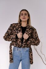 Женская Бежевая Кожаная Куртка Косуха в Леопардовый Принт - Короткая с Ремешком