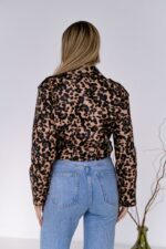 Женская Бежевая Кожаная Куртка Косуха в Леопардовый Принт - Короткая с Ремешком