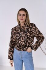 Женская Бежевая Кожаная Куртка Косуха в Леопардовый Принт - Короткая с Ремешком