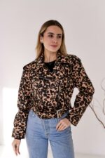 Женская Бежевая Кожаная Куртка Косуха в Леопардовый Принт - Короткая с Ремешком