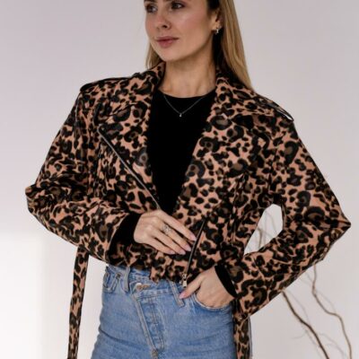 Женская Бежевая Кожаная Куртка Косуха в Леопардовый Принт - Короткая с Ремешком