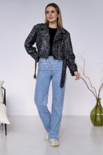 Женская Графитовая Кожаная Куртка Косуха в Леопардовый Принт - Короткая с Ремешком