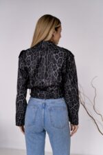 Женская Графитовая Кожаная Куртка Косуха в Леопардовый Принт - Короткая с Ремешком