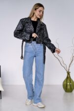 Женская Графитовая Кожаная Куртка Косуха в Леопардовый Принт - Короткая с Ремешком