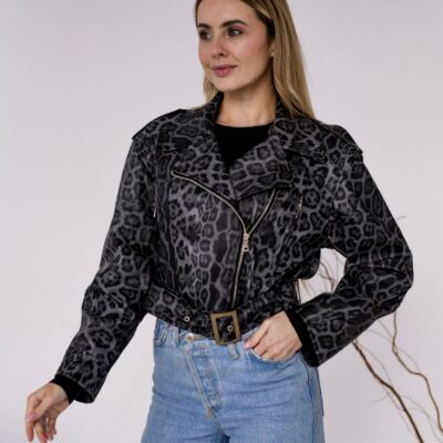 Женская Графитовая Кожаная Куртка Косуха в Леопардовый Принт - Короткая с Ремешком