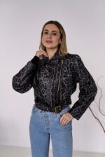Женская Графитовая Кожаная Куртка Косуха в Леопардовый Принт - Короткая с Ремешком