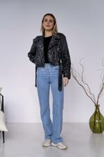 Женская Графитовая Кожаная Куртка Косуха в Леопардовый Принт - Короткая с Ремешком