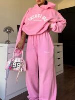 Женский Теплый Розовый Спортивный Костюм Оверсайз с Начесом - Объемное Худи + Широкие Штаны с Кулисками
