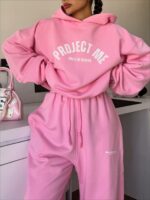 Женский Теплый Розовый Спортивный Костюм Оверсайз с Начесом - Объемное Худи + Широкие Штаны с Кулисками