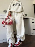 Женский Теплый Серый Спортивный Костюм Оверсайз с Начесом - Объемное Худи + Широкие Штаны с Кулисками