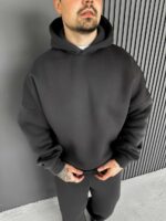 Мужское Утепленное Базовое Графитовое Худи - Толстовка с Начесом