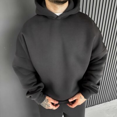 Мужское Утепленное Базовое Графитовое Худи - Толстовка с Начесом
