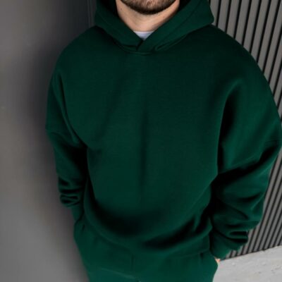 Мужское Утепленное Базовое Зеленое Худи - Толстовка с Начесом