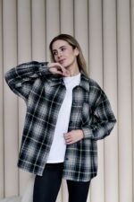 Женская Байковая Клетчатая Черная Рубашка Оверсайз