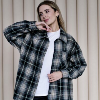 Женская Байковая Клетчатая Черная Рубашка Оверсайз