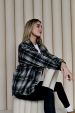 Женская Байковая Клетчатая Черная Рубашка Оверсайз
