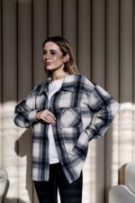 Женская Байковая Клетчатая Черно-Белая Рубашка Оверсайз