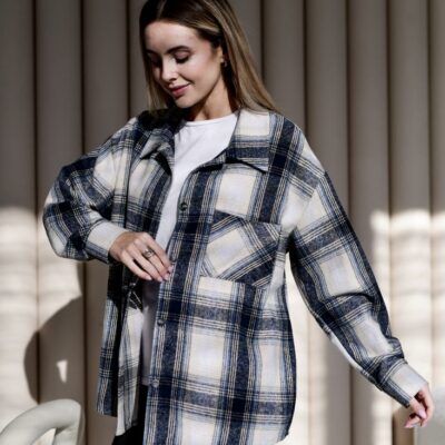 Женская Байковая Клетчатая Черно-Белая Рубашка Оверсайз