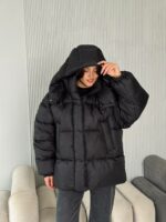 Женская Зимняя Объемная Черная Куртка Пуховик Оверсайз с Капюшоном