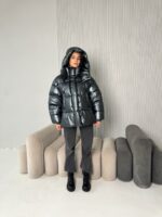 Женская Зимняя Глянцевая Черная Куртка Пуховик Оверсайз - Объемная с Капюшоном