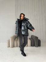 Женская Зимняя Глянцевая Черная Куртка Пуховик Оверсайз - Объемная с Капюшоном