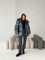 Женская Зимняя Глянцевая Черная Куртка Пуховик Оверсайз - Объемная с Капюшоном