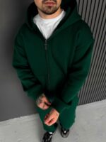 Мужское Теплое Зеленое Зип Худи с Начесом - Кофта Зипка на Молнии с Капюшоном