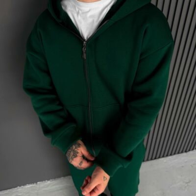 Мужское Теплое Зеленое Зип Худи с Начесом - Кофта Зипка на Молнии с Капюшоном