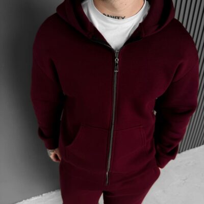 Мужское Теплое Бордовое Зип Худи с Начесом - Кофта Зипка на Молнии с Капюшоном