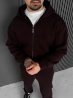 Мужское Теплое Коричневое Зип Худи с Начесом - Кофта Зипка на Молнии с Капюшоном