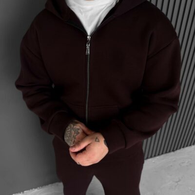 Мужское Теплое Коричневое Зип Худи с Начесом - Кофта Зипка на Молнии с Капюшоном