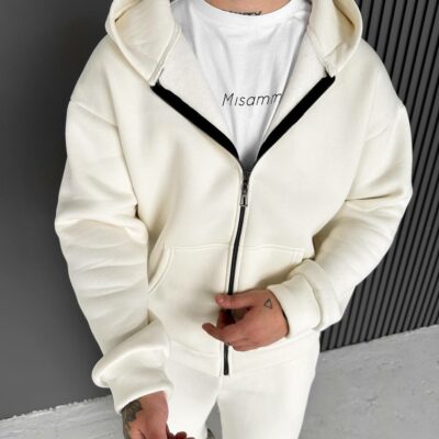 Мужское Теплое Молочное Зип Худи с Начесом - Кофта Зипка на Молнии с Капюшоном