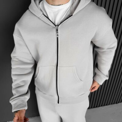 Мужское Теплое Серое Зип Худи с Начесом - Кофта Зипка на Молнии с Капюшоном