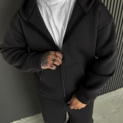 Мужское Теплое Графитовое Зип Худи с Начесом - Кофта Зипка на Молнии с Капюшоном