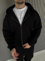 Мужское Теплое Черное Зип Худи с Начесом - Кофта Зипка на Молнии с Капюшоном