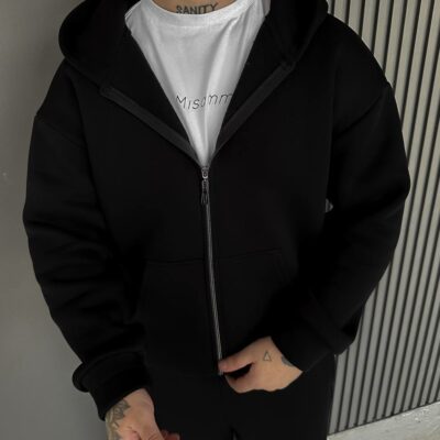 Мужское Теплое Черное Зип Худи с Начесом - Кофта Зипка на Молнии с Капюшоном