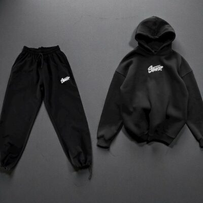 Мужской Хлопковый Черный Спортивный Костюм Оверсайз с Фиксаторами - Худи + Штаны
