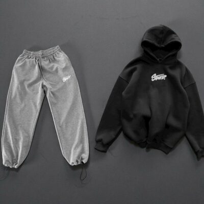Мужской Хлопковый Спортивный Костюм Оверсайз с Фиксаторами - Черное Худи + Серые Штаны