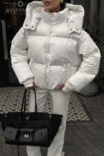 Женская Зимняя Дутая Молочная Куртка Пуфер Пуфи Оверсайз с Капюшоном