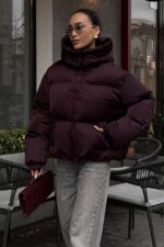 Женская Зимняя Дутая Бордовая Куртка Пуфер Пуфи Оверсайз с Капюшоном