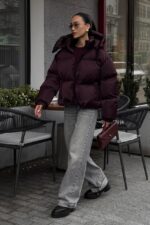 Женская Зимняя Дутая Бордовая Куртка Пуфер Пуфи Оверсайз с Капюшоном