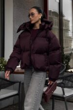 Женская Зимняя Дутая Бордовая Куртка Пуфер Пуфи Оверсайз с Капюшоном