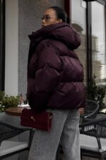 Женская Зимняя Дутая Бордовая Куртка Пуфер Пуфи Оверсайз с Капюшоном