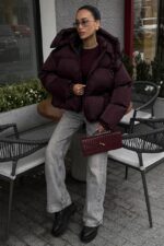 Женская Зимняя Дутая Бордовая Куртка Пуфер Пуфи Оверсайз с Капюшоном