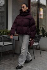 Женская Зимняя Дутая Бордовая Куртка Пуфер Пуфи Оверсайз с Капюшоном