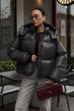 Женская Зимняя Дутая Графитовая Куртка Пуфер Пуфи Оверсайз с Капюшоном