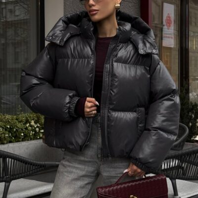 Женская Зимняя Дутая Графитовая Куртка Пуфер Пуфи Оверсайз с Капюшоном