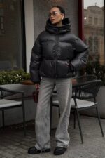 Женская Зимняя Дутая Графитовая Куртка Пуфер Пуфи Оверсайз с Капюшоном