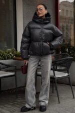 Женская Зимняя Дутая Графитовая Куртка Пуфер Пуфи Оверсайз с Капюшоном