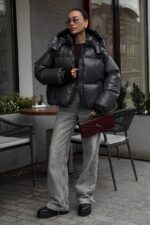 Женская Зимняя Дутая Графитовая Куртка Пуфер Пуфи Оверсайз с Капюшоном